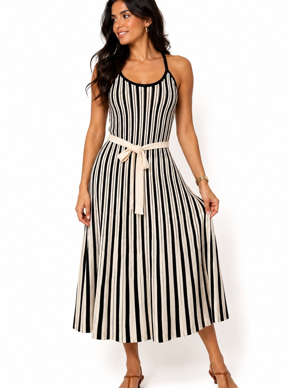 Worthington Black and Cream Striped Sleeveless Knit Maxi Dress